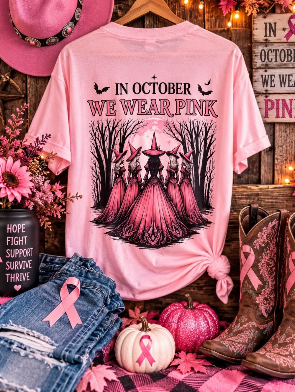 In October We Wear Pink Witch Breast Cancer Awareness Graphic Tee XL